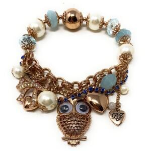 New Betsey Johnson Rose Gold Blue Pearl Beads Owl Bow Hearts Stretch Bracelet